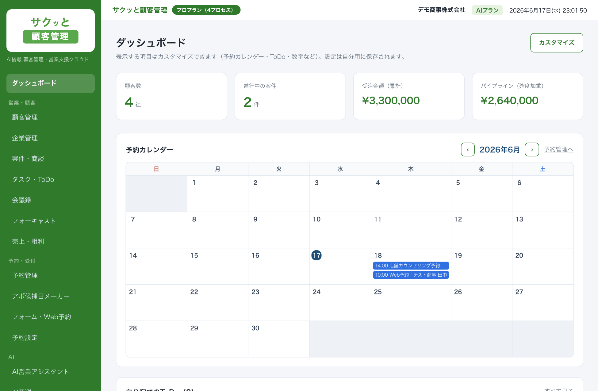 サクッと顧客管理 ダッシュボード画面